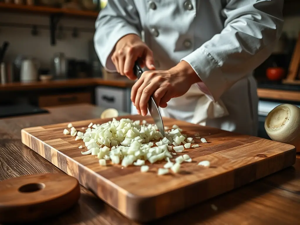 A chef preparing a gourmet dish with freshly chopped onions, highlighting the versatility and culinary applications of OnionHarvestMarket's premium onions.